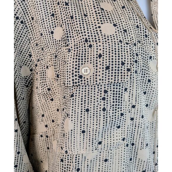 NEW NY Collection Button Blouse Roll Tab Sleeve Stretch Beige Black Dot Size 3X - Picture 8 of 10